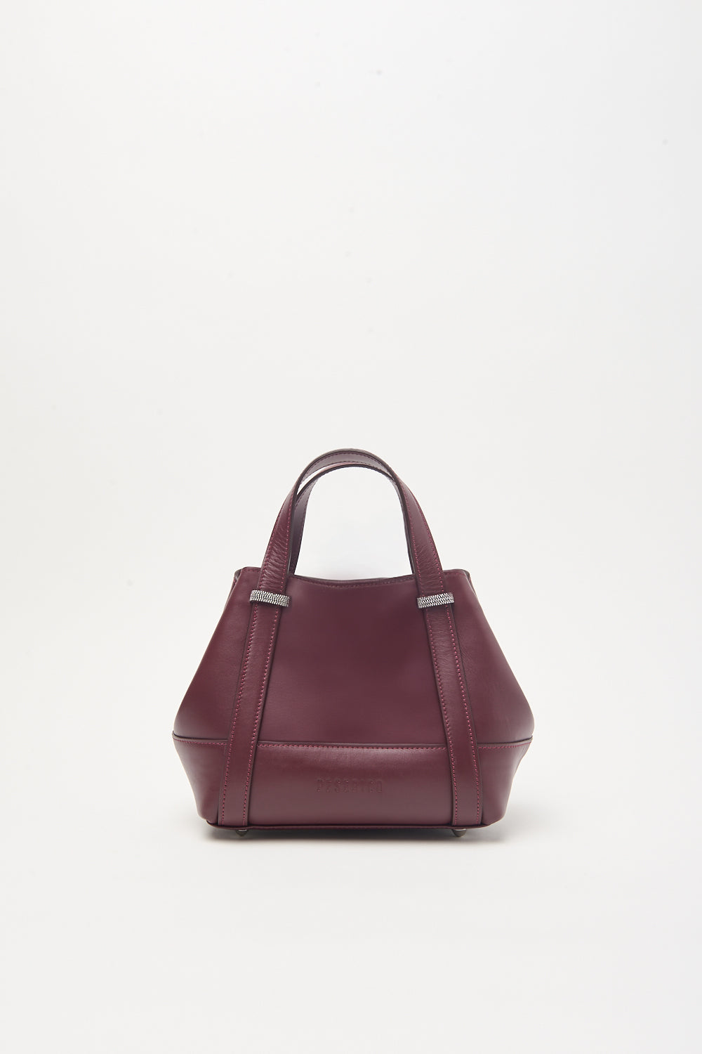 Dark brown leather trapezoidal handbag with two top handles, vertical front straps, silver-toned hardware, and an embossed lo