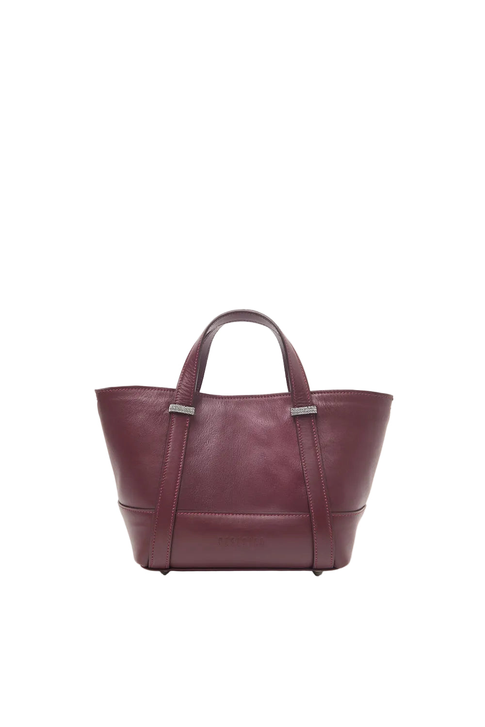 Dark brown structured leather tote bag with twin top handles and silver-toned embellished strap details.