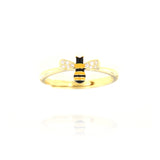 Gold-toned adjustable ring featuring a bee motif with black and yellow enamel stripes and clear sparkling stones on its wings