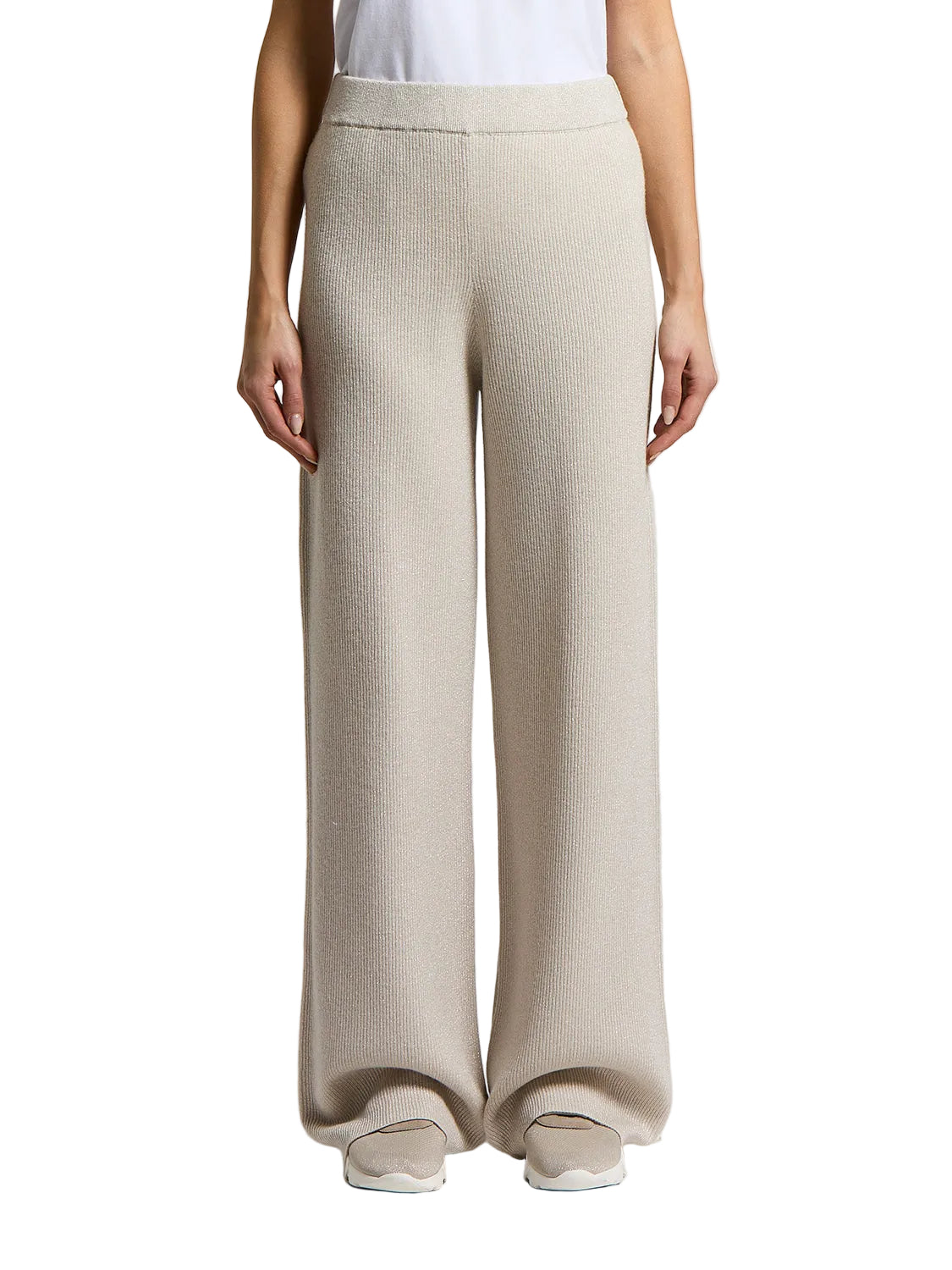 Icy beige wide-leg knit trousers with a ribbed texture and comfortable waistband.