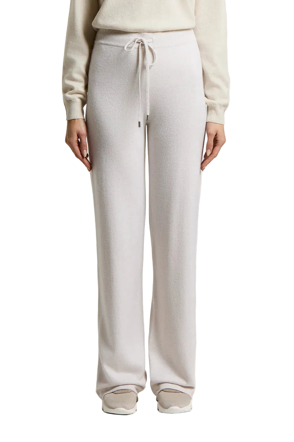 Star dust beige knit straight-leg trousers with a ribbed drawstring waistband and metal-tipped ties.