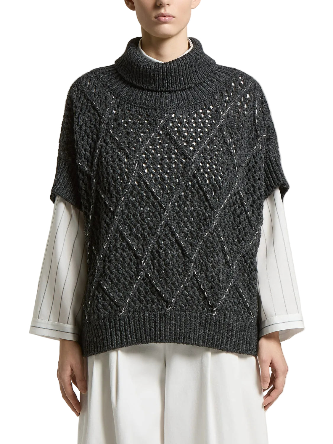 Eclipse grey wool-blend blown yarn cape with a ribbed turtleneck and diamond openwork knit pattern with silver-toned threads.