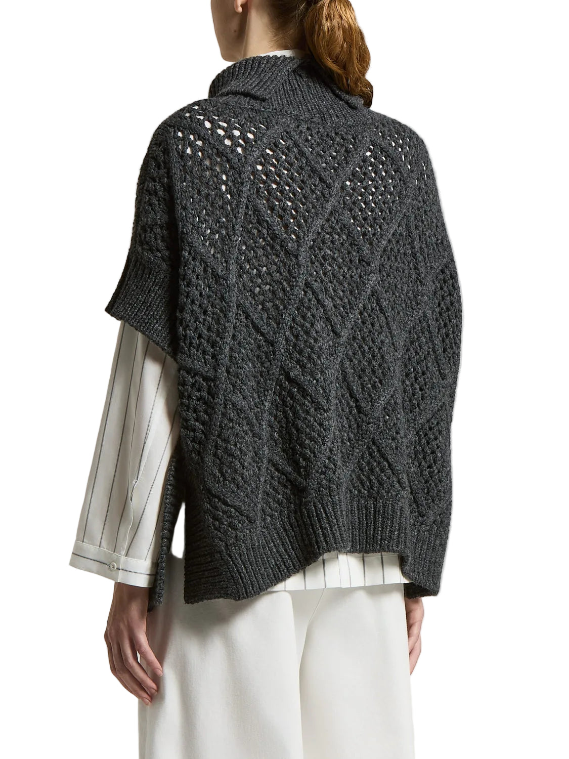Eclipse Gray wool-blend knit cape with a high ribbed collar, open-knit diamond patterns on the back, ribbed short sleeves, an