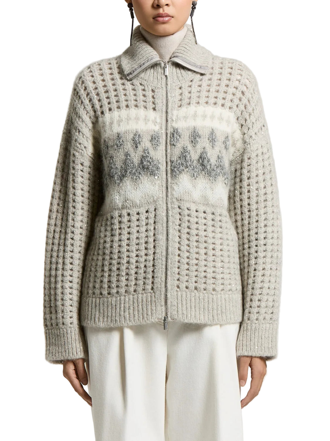 Lunar grey full-zip collared knit sweater with white and dark grey geometric pattern and subtle sparkle.