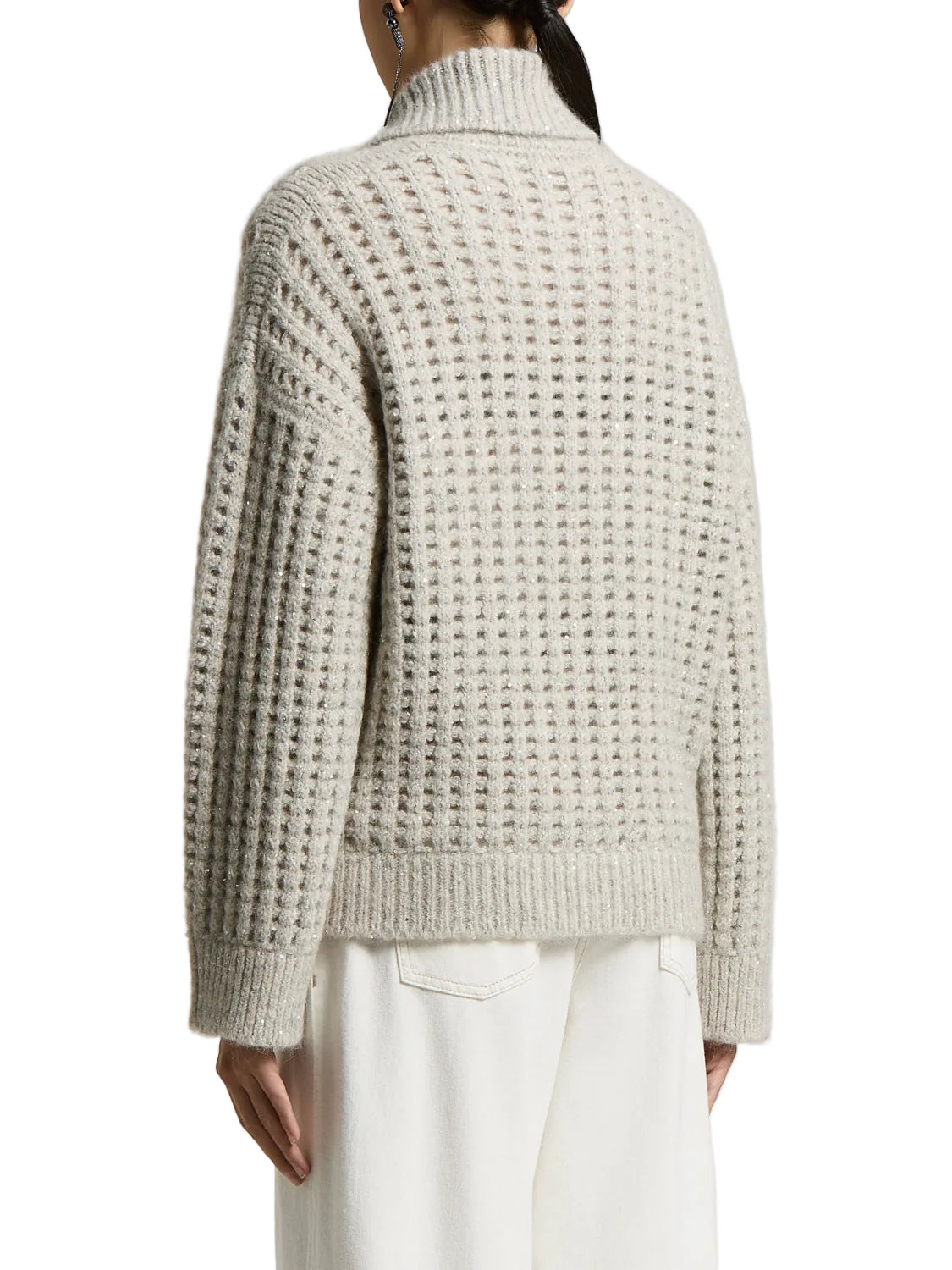 Lunar gray open-knit sweater with a ribbed turtleneck, cuffs, and hem, featuring subtle shimmery threads.
