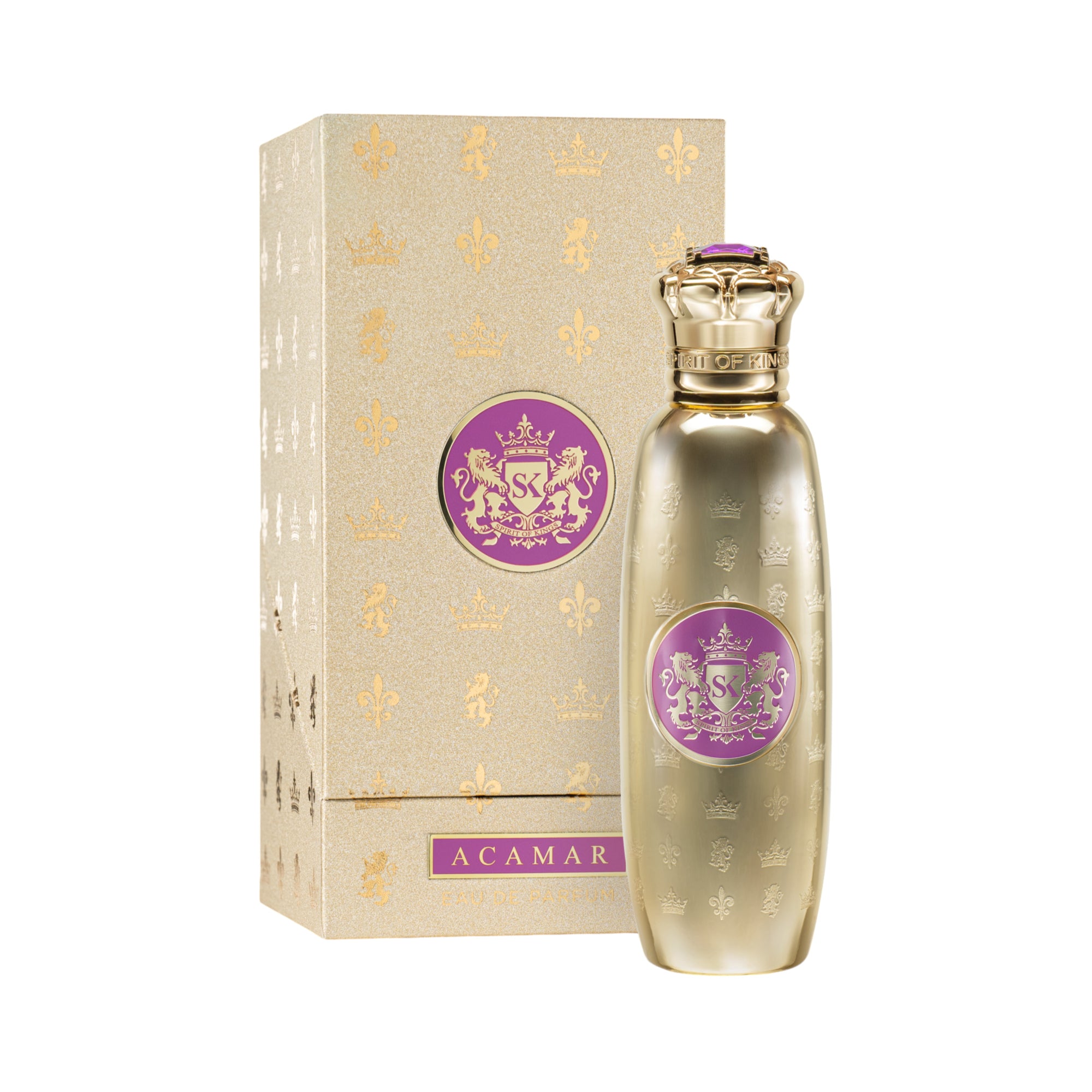 Gold-toned perfume bottle with embossed patterns, a purple crest label, and a crown cap with a purple jewel. Matching pattern