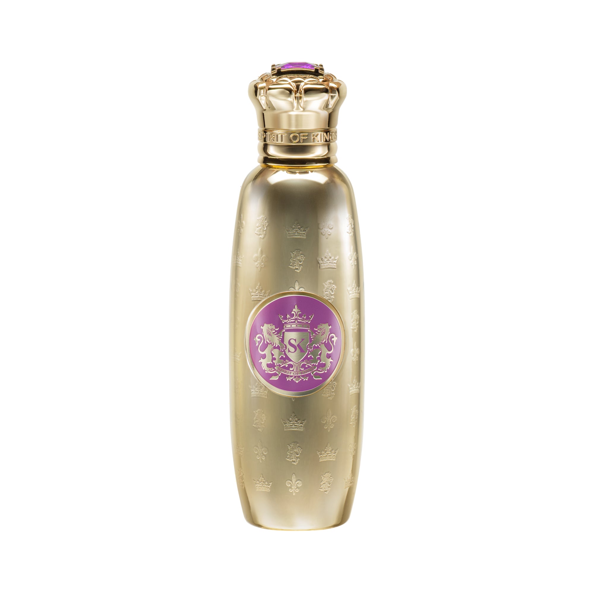 Gold-toned perfume bottle with embossed crown pattern, a purple central crest, and a gold crown cap with a purple stone.