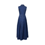 Back view of ANI Clothing denim maxi dress showing the tailored waist seams, signature back yoke embroidery, and full-length pleated silhouette.