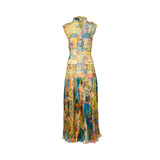 Front view of an ANI CLOTHING sleeveless maxi dress featuring a vibrant yellow and blue abstract art print, cargo pockets, and a pleated skirt against a white background.