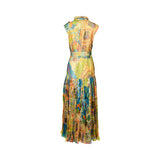 Rear view of the ANI CLOTHING pleated maxi dress showing the continuous art print and dropped waist seam.