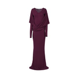 Studio product photograph showcasing the front view of the Alberta Ferretti women's evening gown in plum jersey, highlighting its V-neckline, long sleeves, and elegant asymmetrical front drapery against a plain white background.