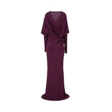 Studio product photograph showcasing the back view of the Alberta Ferretti women's evening gown in plum jersey, detailing its dramatic cape-like overlay and fluid cowl back design against a plain white background.