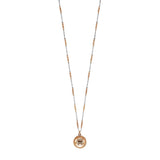 Two-toned necklace with silver-toned chain and rose-gold-toned beads. Rose-gold-toned medallion, crystal-studded edge, Aigner