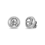 Pair of silver-toned Aigner stud earrings with a crystal-embellished horseshoe logo and beaded outer edge.