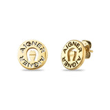 Pair of gold-toned Aigner round stud earrings with embossed brand name and horseshoe logo