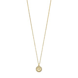 Gold-toned short necklace with a thin chain and a circular pendant featuring an Aigner logo surrounded by small clear stones.