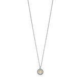 Silver-toned short necklace with a fine chain and a circular pendant featuring a gold-toned Aigner logo and clear crystal emb