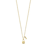 Gold-toned short necklace with a rectangular padlock charm featuring an 'A' cutout and a smaller key charm with pavé crystals