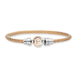 Rose gold-toned braided stainless steel bangle with silver-toned engraved Aigner beads and a central Aigner logo on iridescen