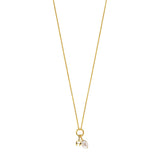Gold-toned chain necklace with a small ring pendant holding a lowercase 'a' charm and an irregular light pink pearl.