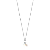Silver-toned delicate chain necklace with a ring pendant holding a gold-toned 'A' charm and an irregular off-white pearl.