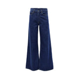 AGOLDE dark indigo wide-leg jeans featuring a high-rise fit and floor-length flared silhouette.