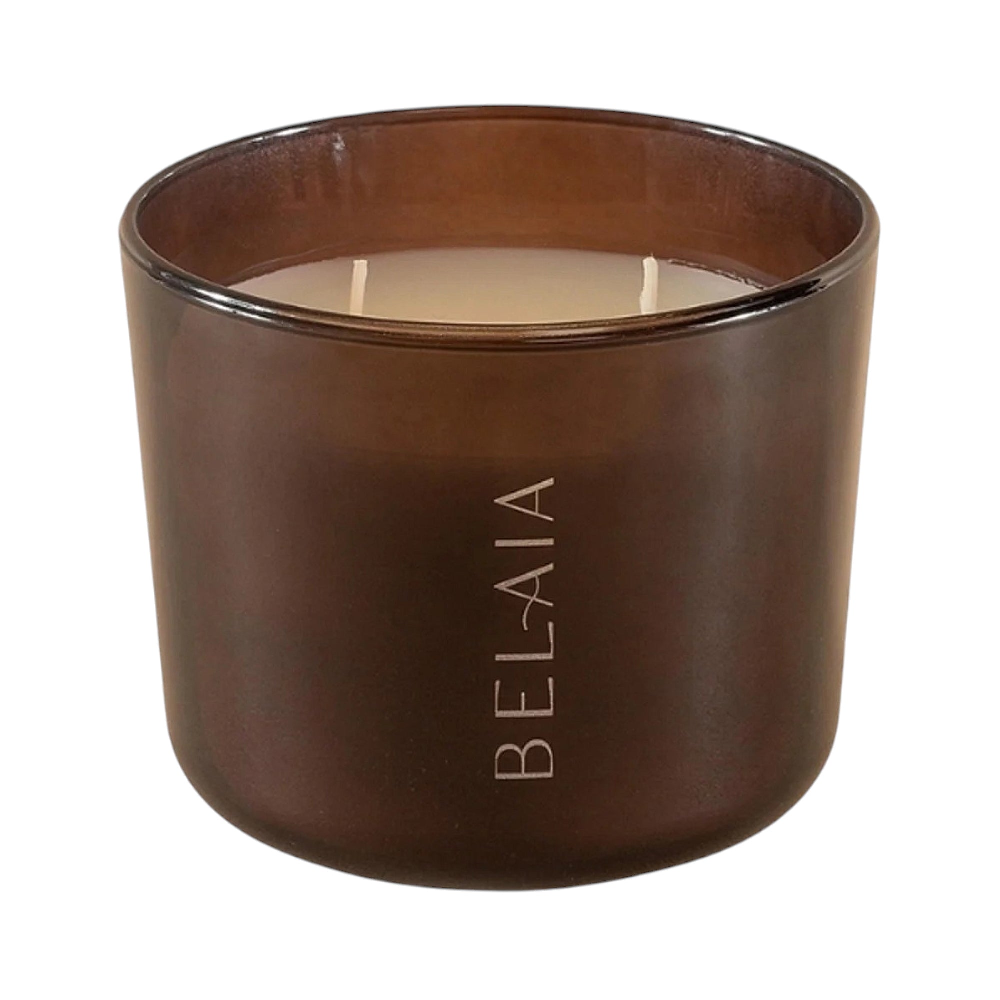 Dark brown frosted glass candle with two white wicks and off-white wax, featuring the "BELAIA" logo.