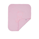 Aigner Kids pink baby blanket folded at the corner to show double-layered cotton fabric and the interior designer label.