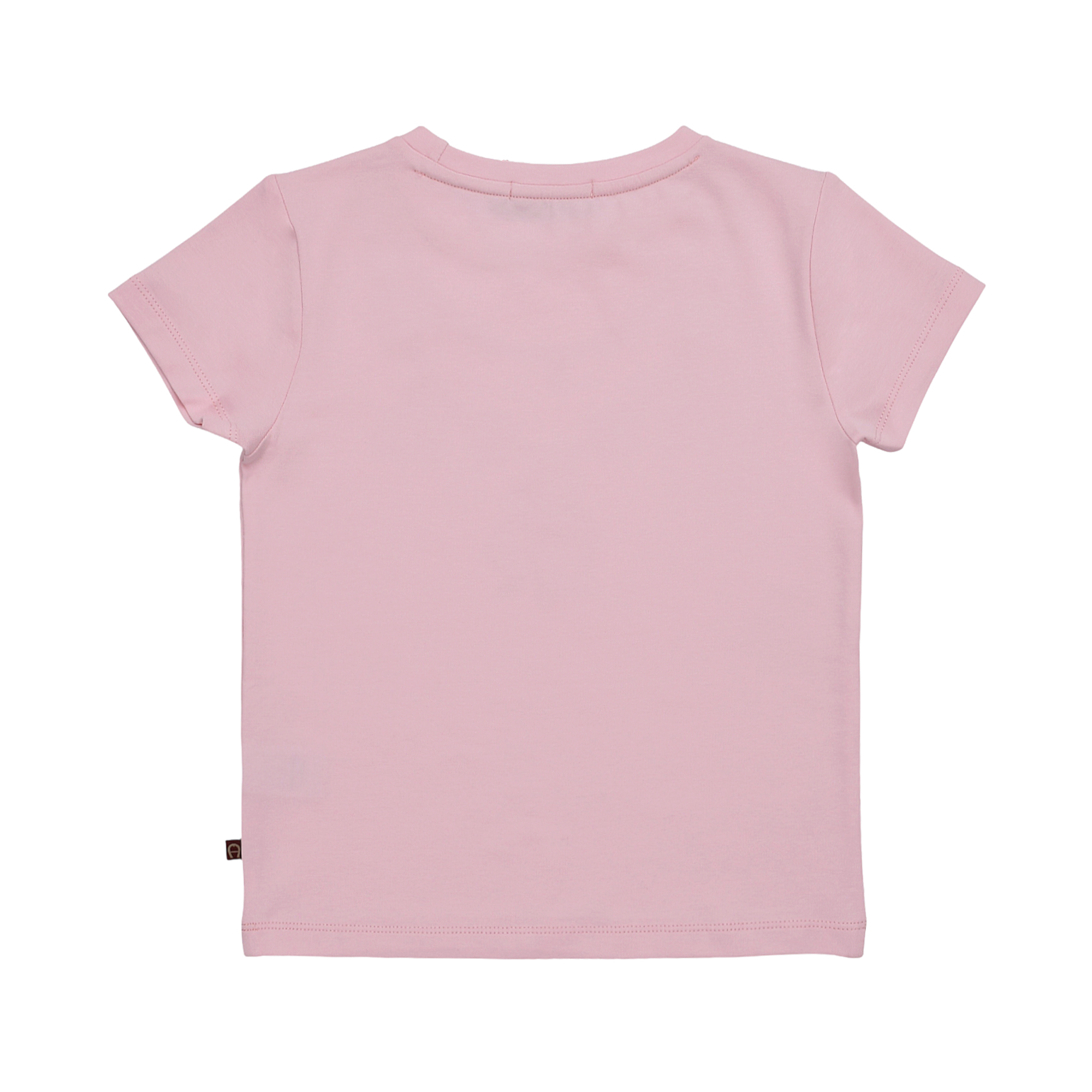 Pink short-sleeved T-shirt made of smooth knit fabric, featuring a crew neck and a small brown tag on the bottom left hem.