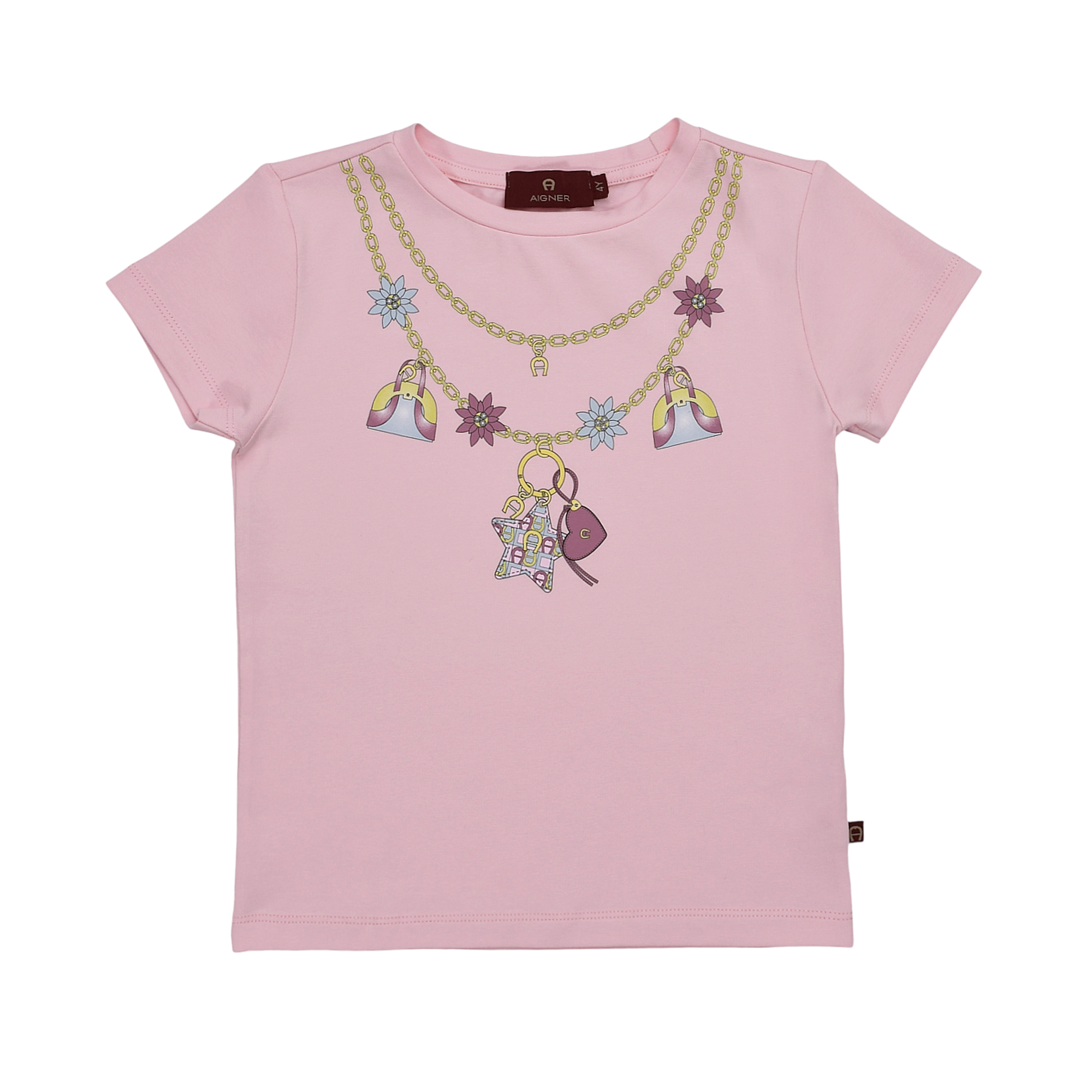 Pink Aigner Kids short-sleeved T-shirt with a graphic print of a gold-toned chain necklace adorned with colourful charms.
