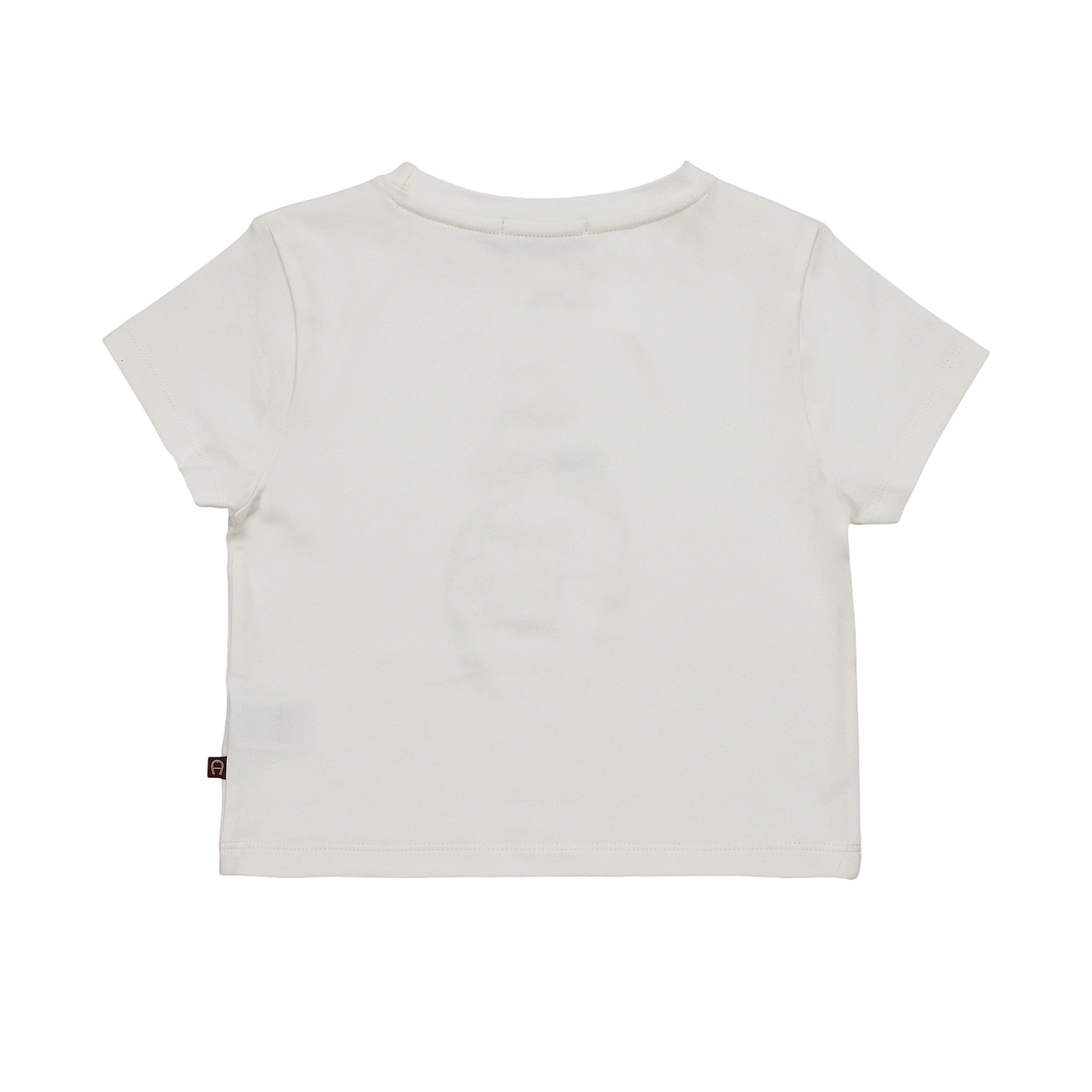White short-sleeved T-shirt with a crew neck. A small dark red tag with a white 'A' logo is on the left side seam.