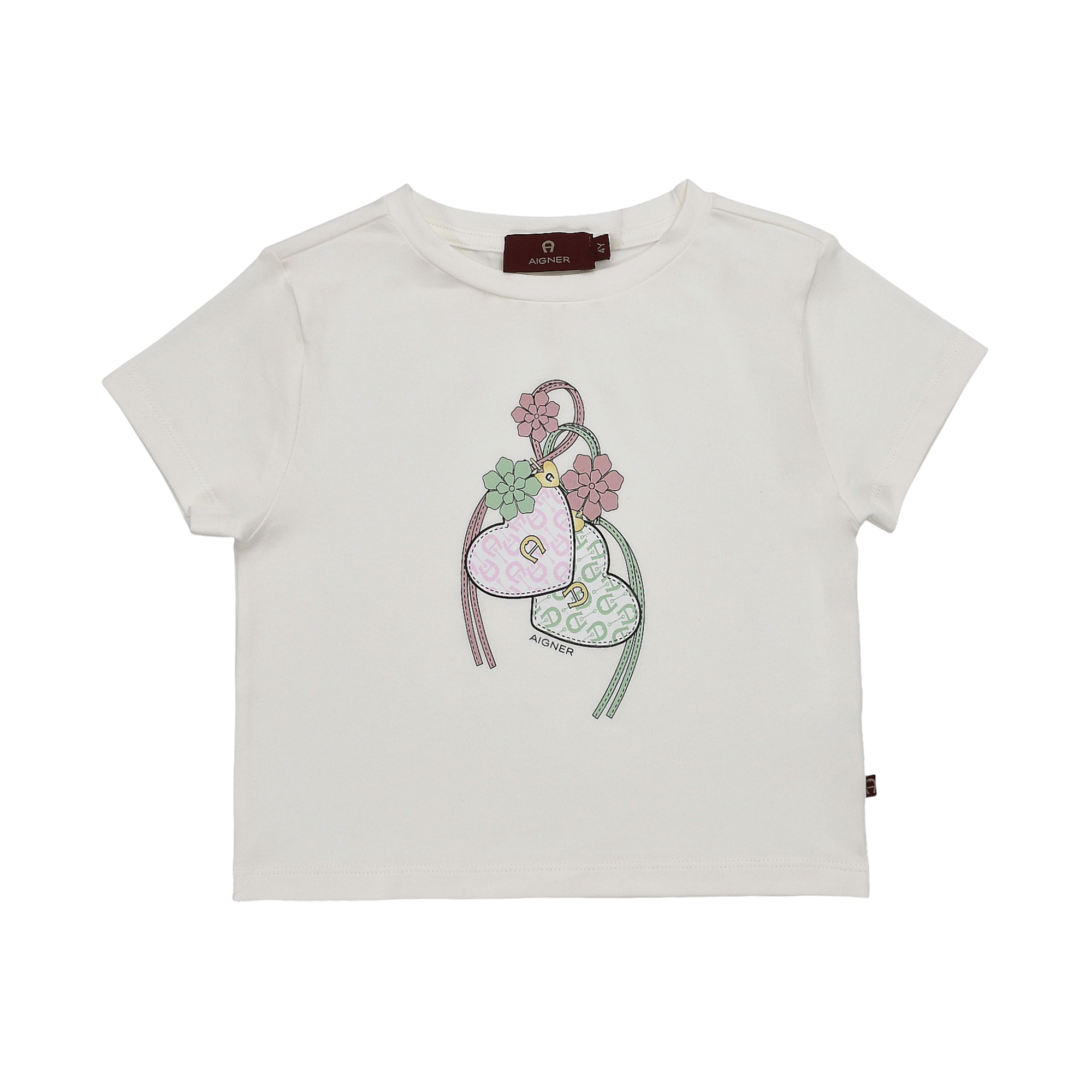 White Aigner Kids short-sleeved T-shirt with a colourful graphic print of two heart charms, ribbons, and flowers.