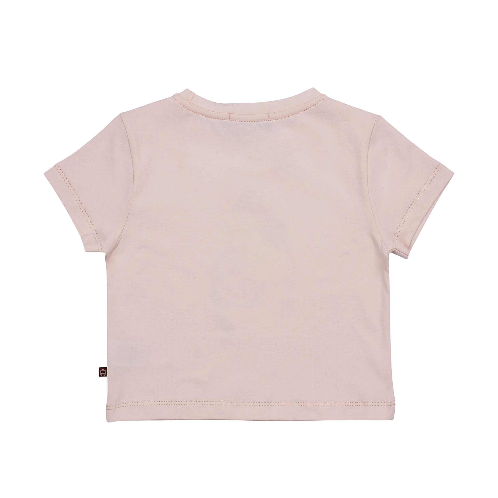 Pink short-sleeved T-shirt, back view, with a crew neck and a small dark tag featuring a gold-toned 'A' logo on the lower lef