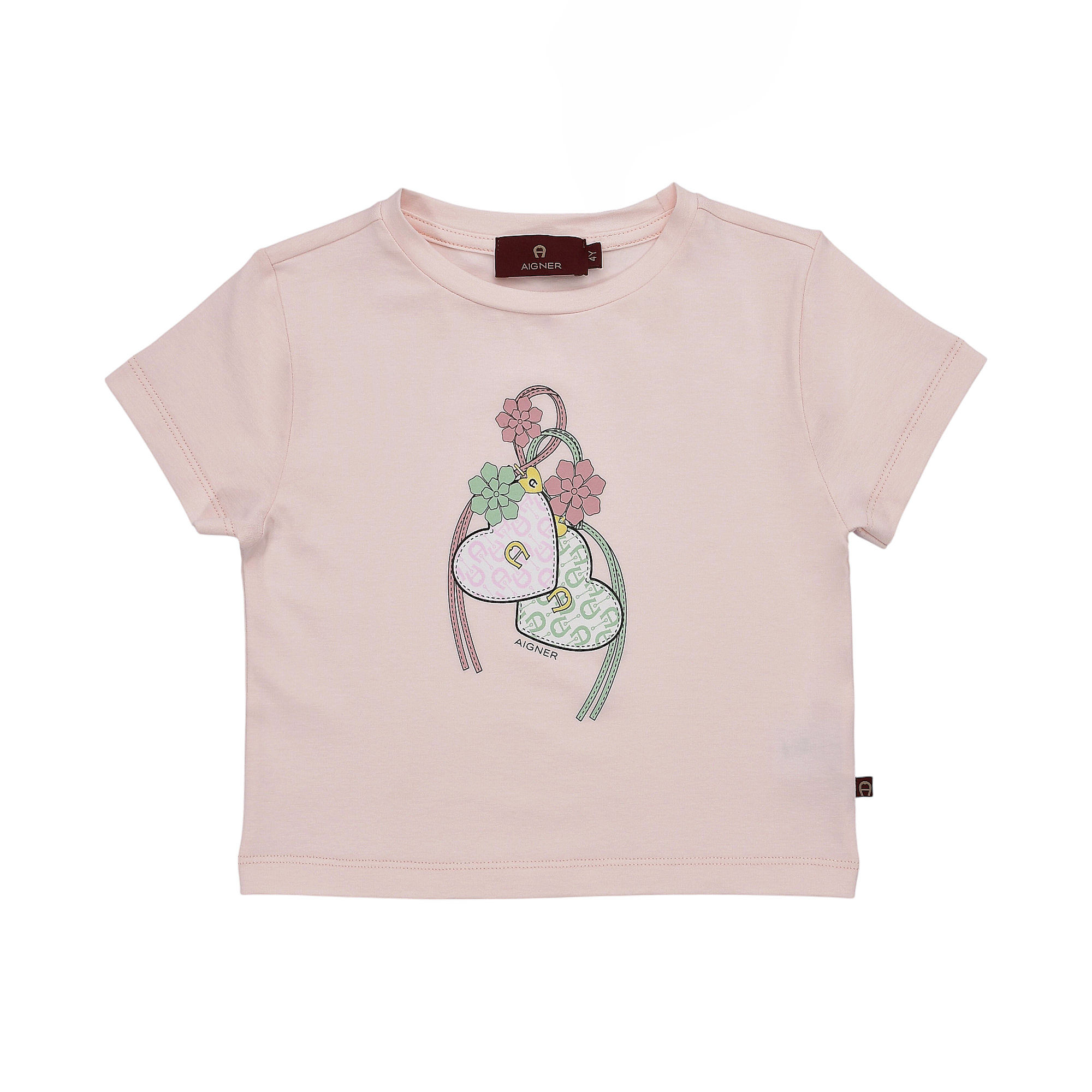 Pink short-sleeved T-shirt with a graphic print of two intertwined hearts, floral elements, and Aigner logo.
