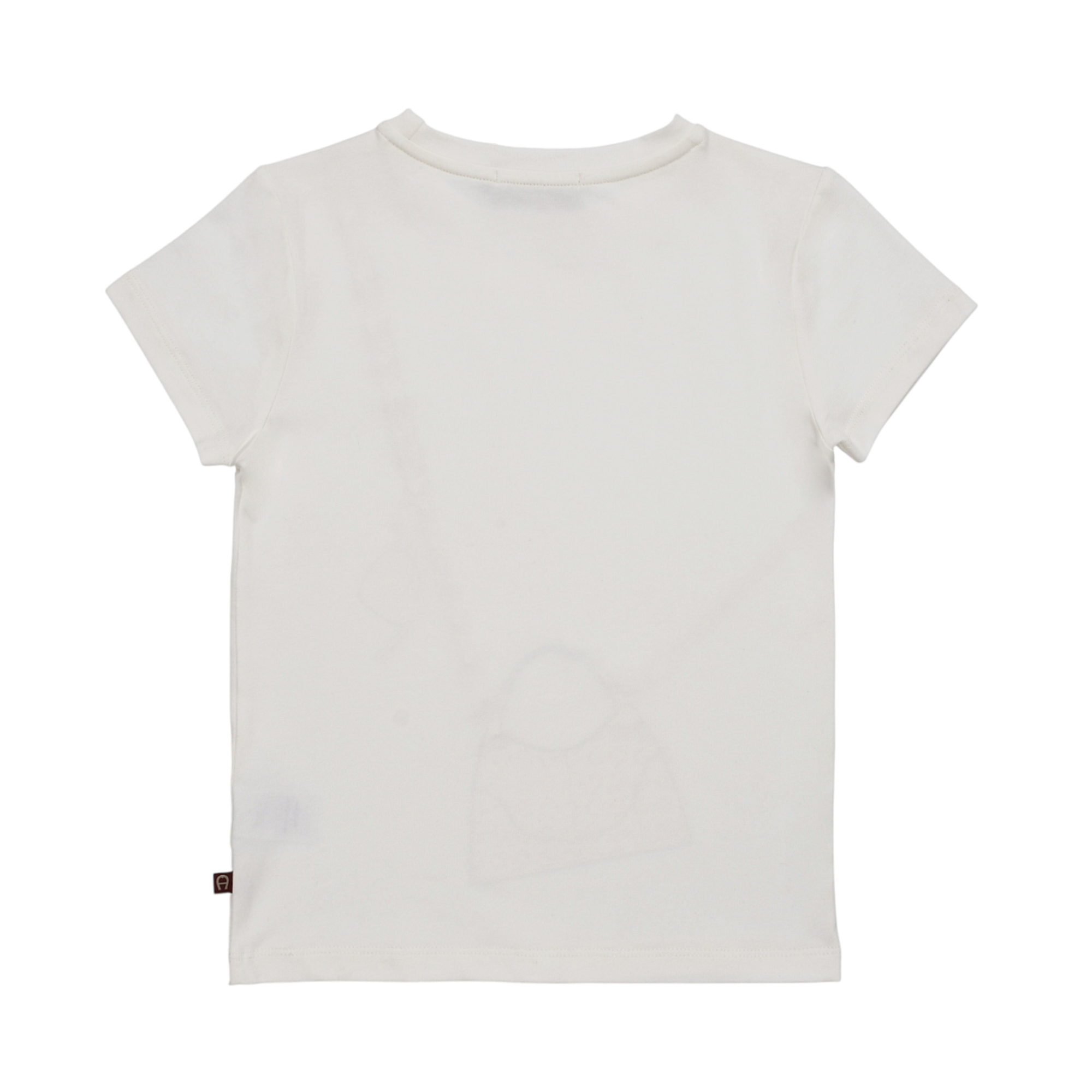 White short-sleeve t-shirt with a ribbed crew neck, seen from the back. Features a small dark brown logo tag on the left side
