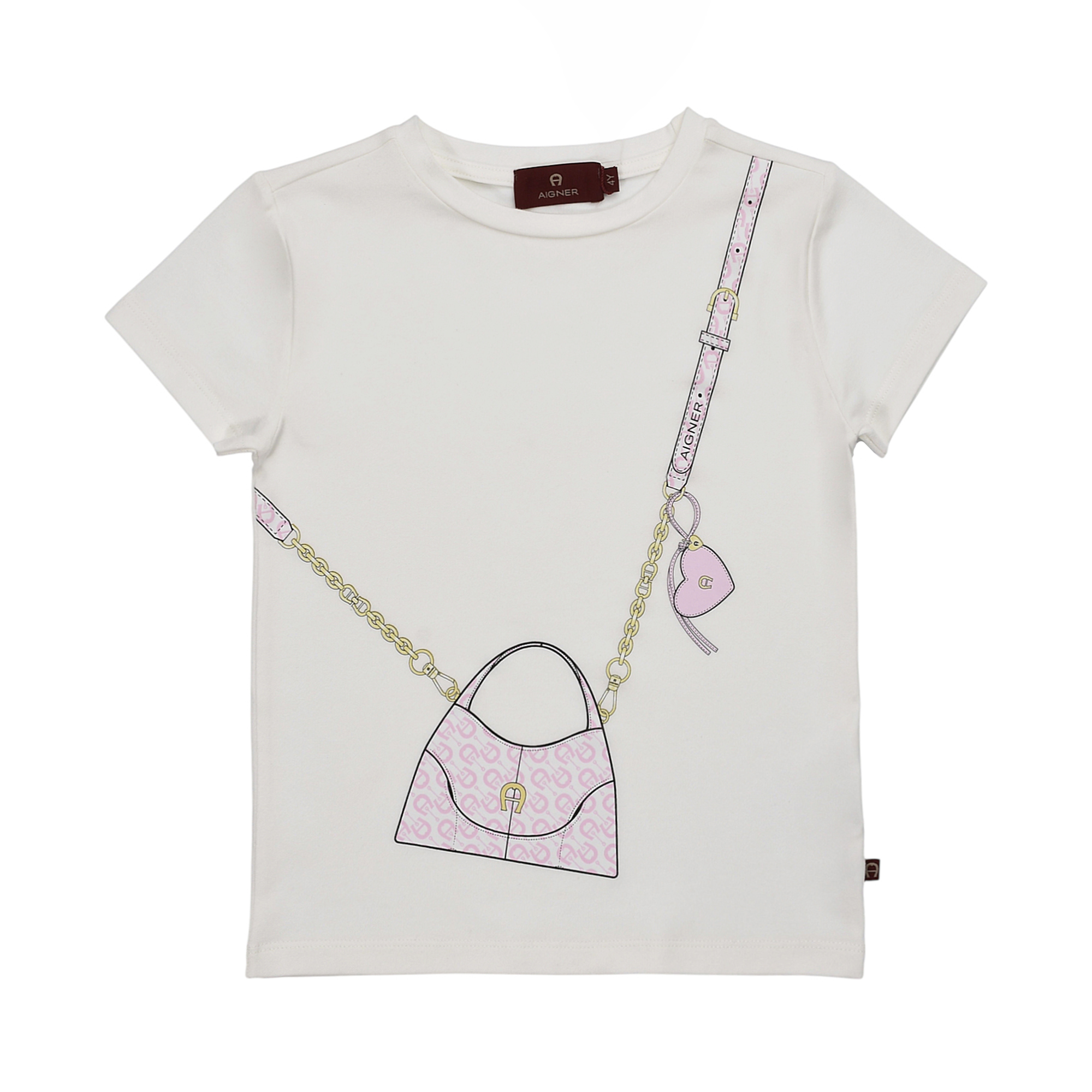 White Aigner Kids short-sleeved t-shirt with a pink and gold-toned handbag graphic print on the front.