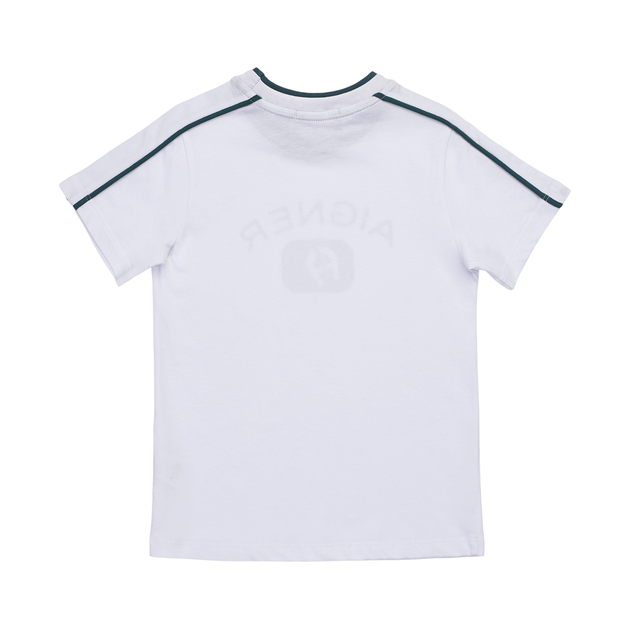 White short-sleeve t-shirt with dark green trim along the back neckline and shoulders. Faint, mirrored text and logo on upper