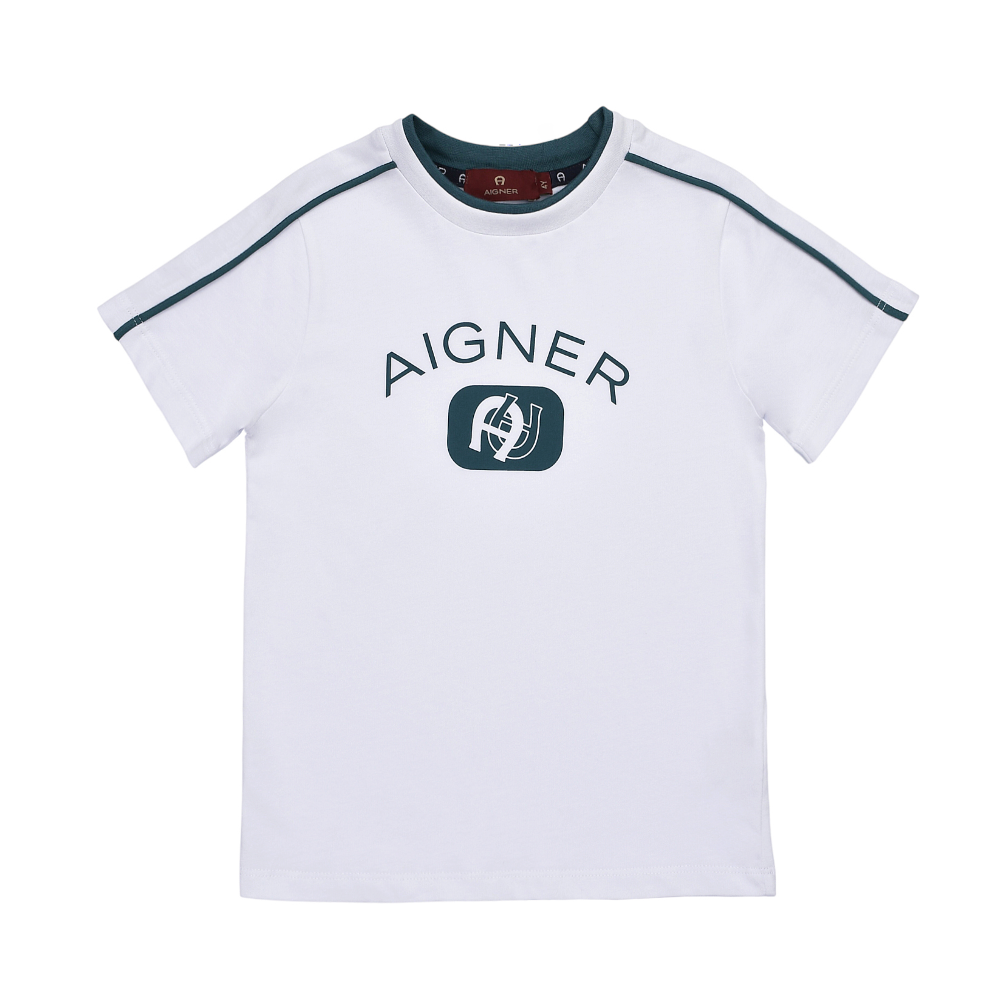 White short-sleeved T-shirt with dark green Aigner logo and piping on shoulders