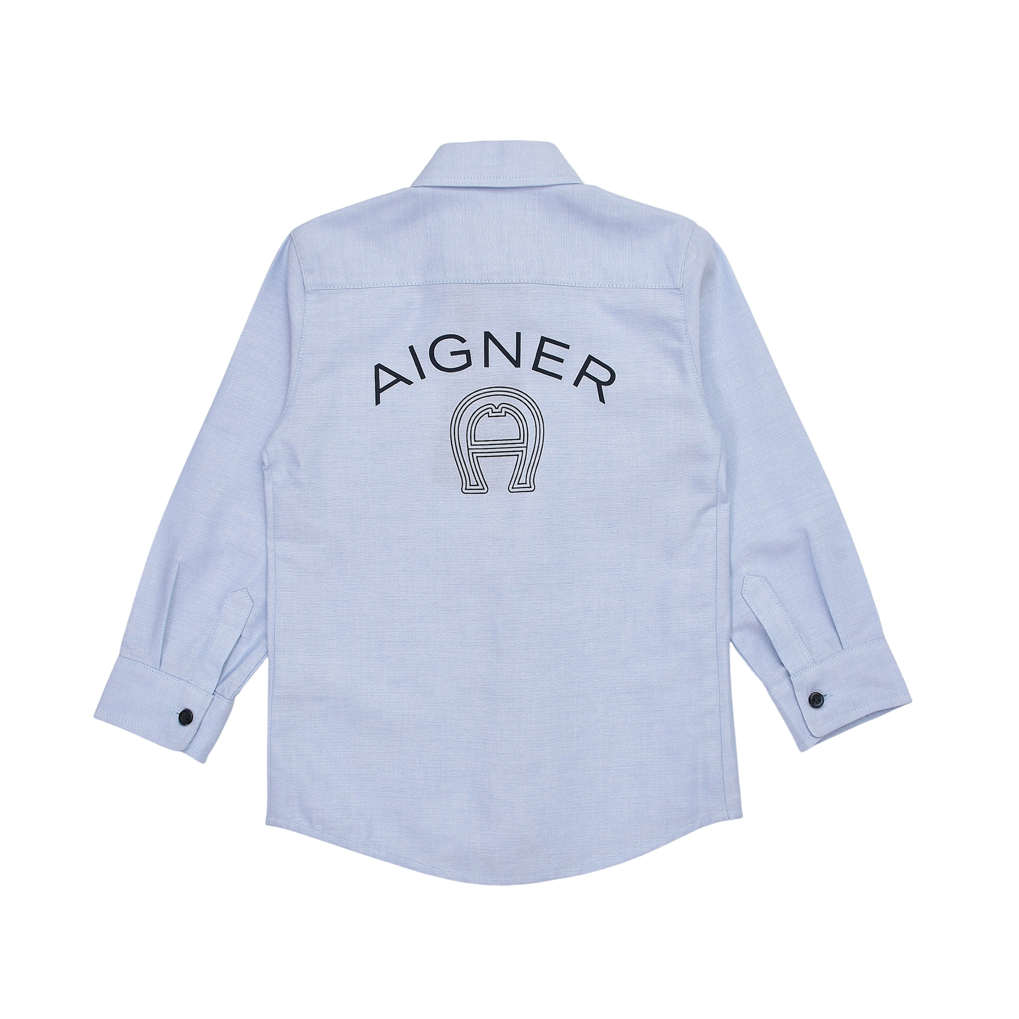 Light blue long-sleeved shirt with black AIGNER logo and horseshoe-like 'A' on the back. Black button cuffs.