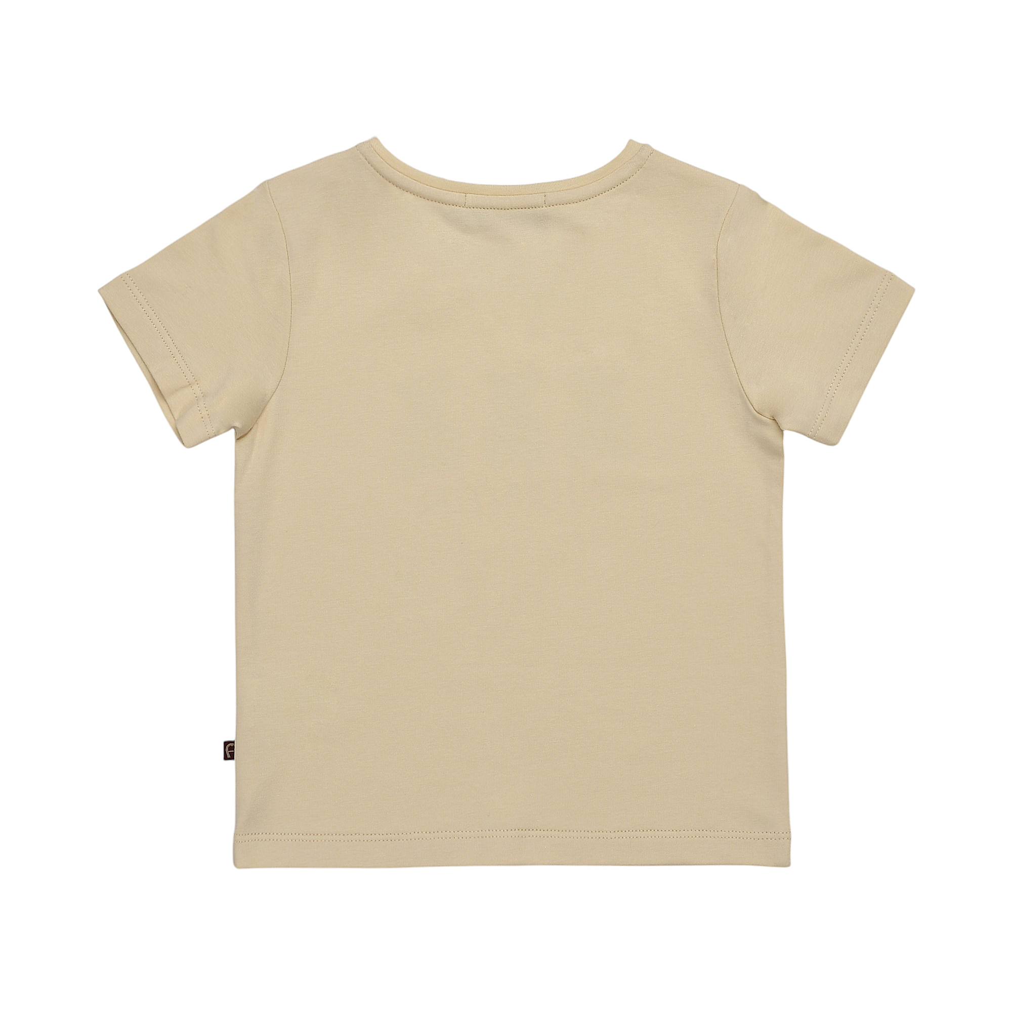 Light beige short-sleeve crew neck t-shirt with a small dark brown tag on the bottom left hem.