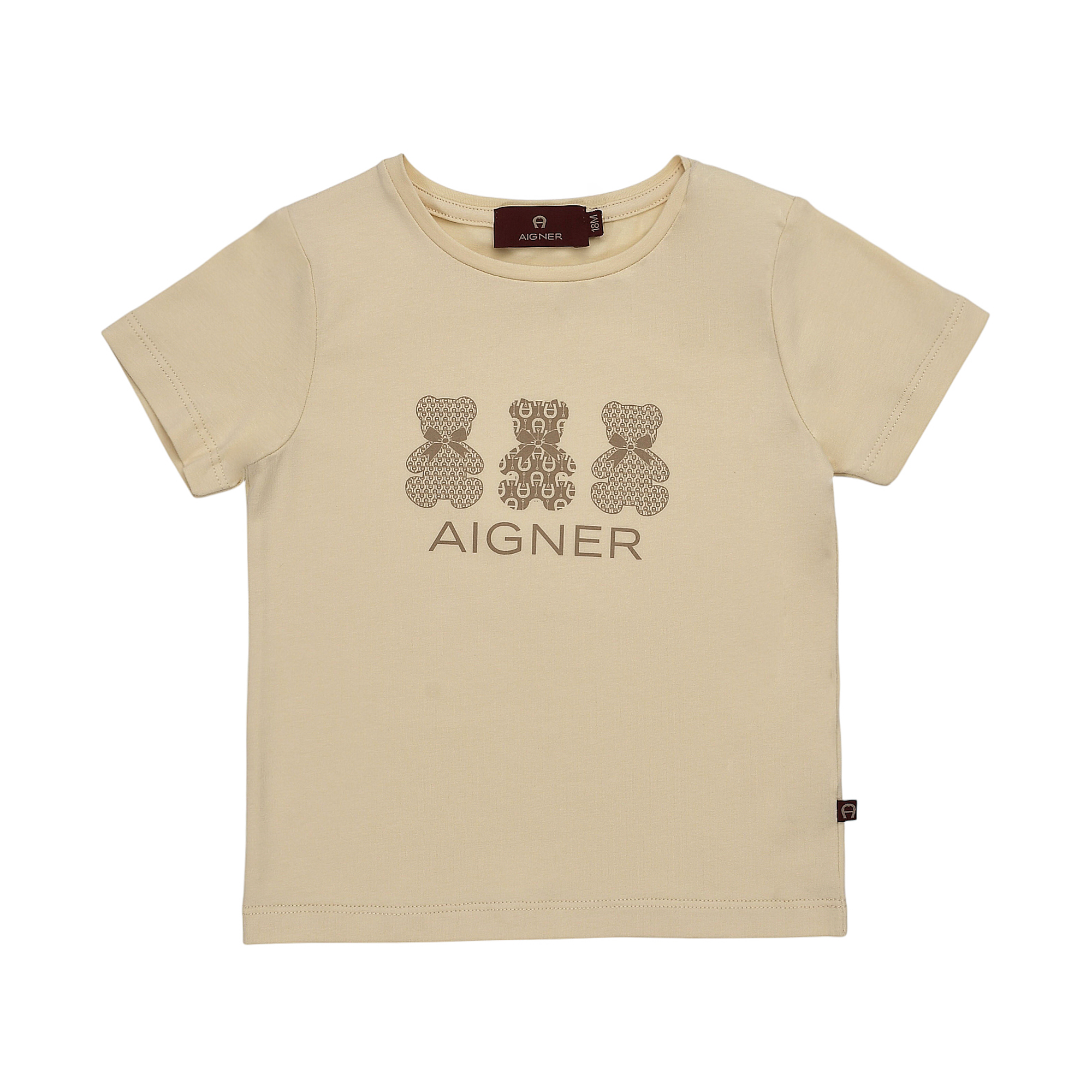Pale beige short-sleeved T-shirt with a crew neck and a brown graphic print of three teddy bears and 'AIGNER' text.