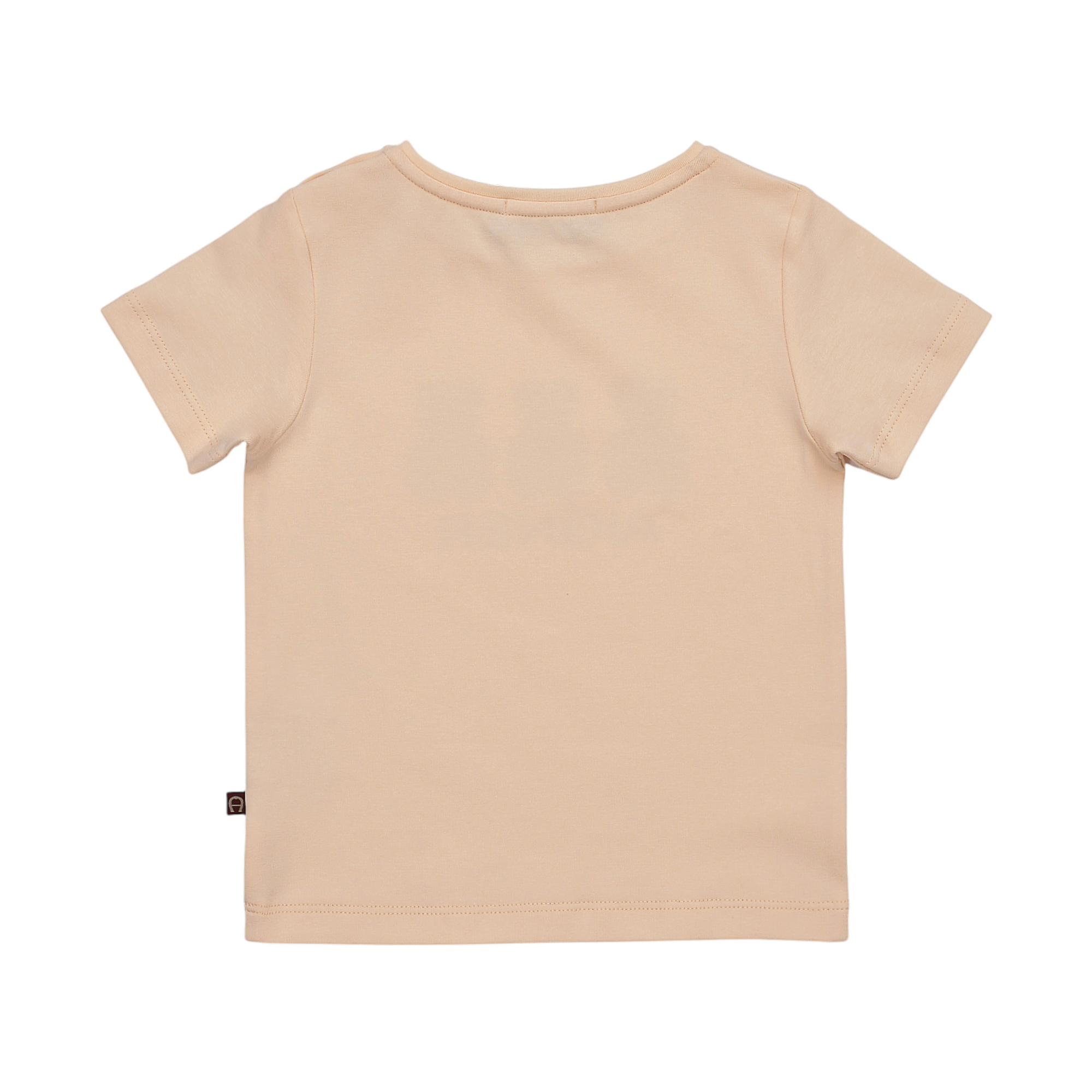 Back view of a light beige short-sleeved T-shirt with a round neck. A small dark brown tag with a light brown 'A' logo is on