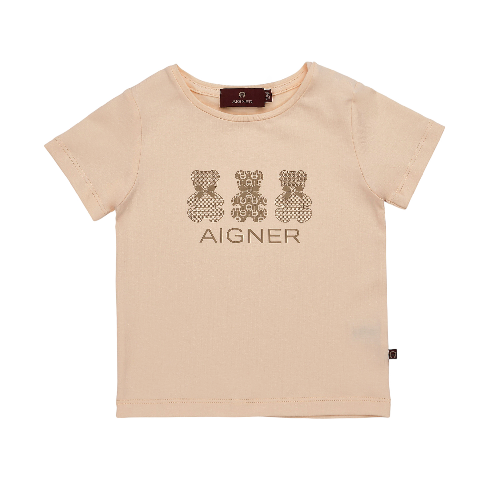 Light peach short sleeve baby t-shirt with a ribbed crew neck and three brown teddy bear graphics above the Aigner logo.