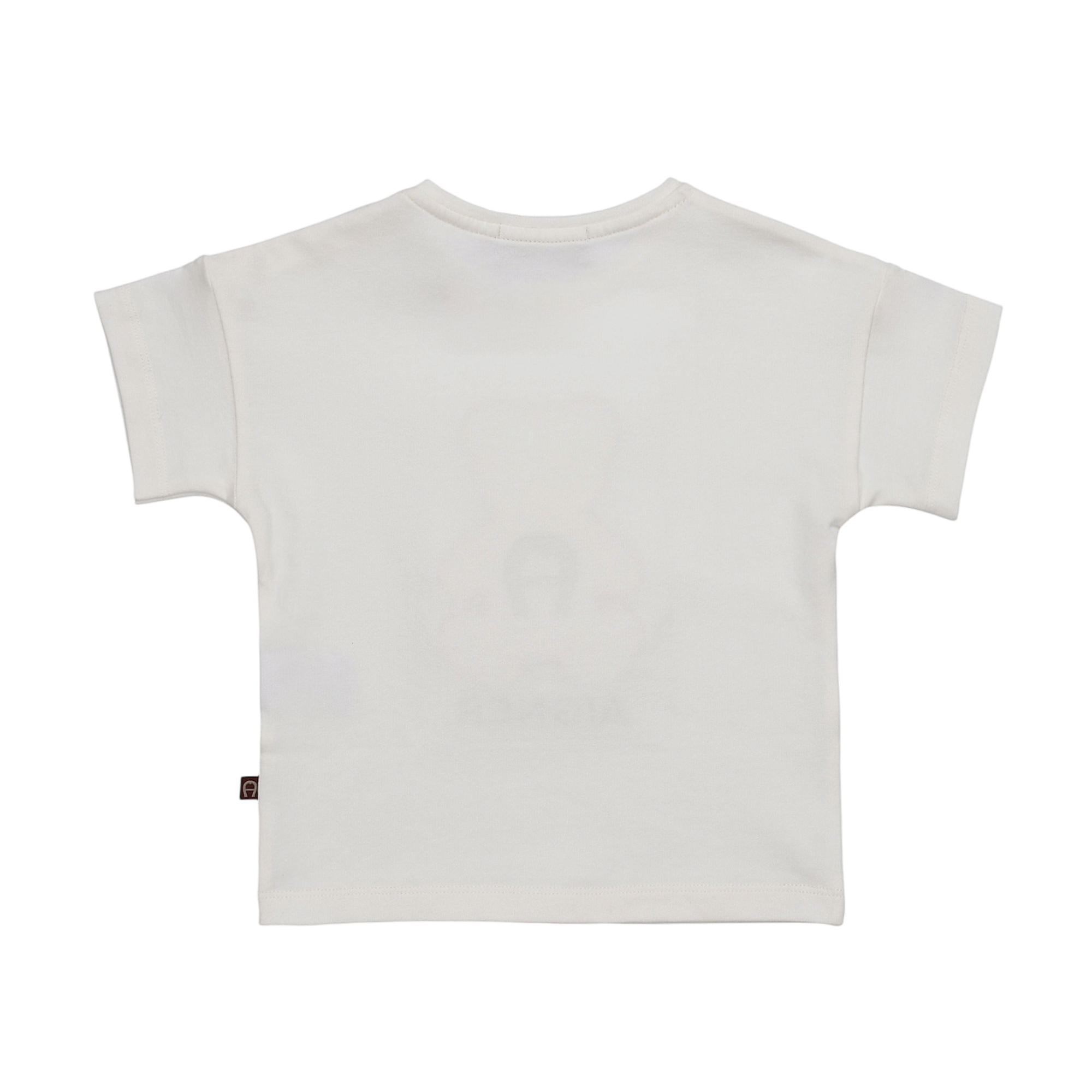 Beige short-sleeved T-shirt with a crew neck. Small dark brown tag with a gold-toned 'A' logo on the left side seam near the