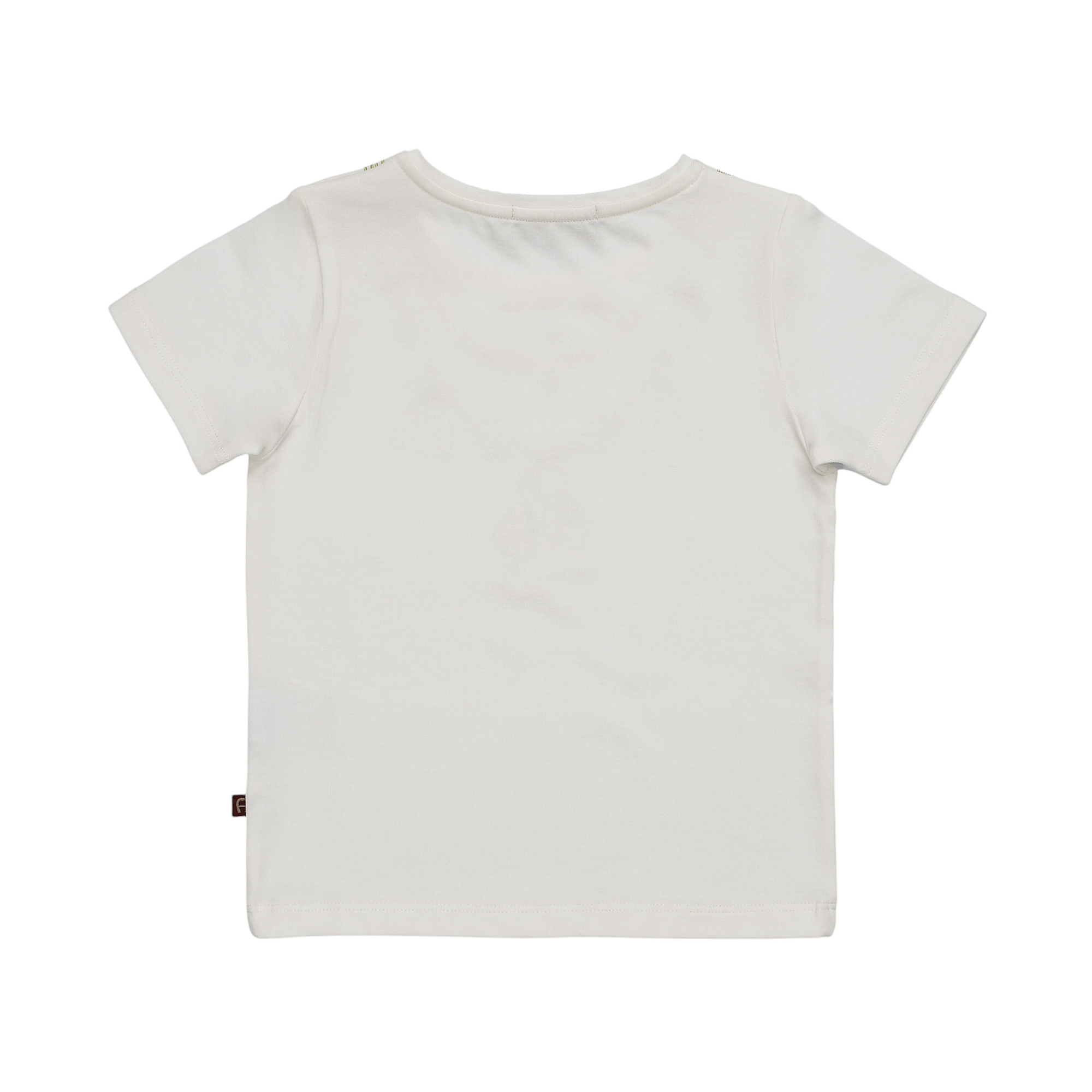 Beige short-sleeved t-shirt, back view. Features a ribbed crew neck and a small dark red tag with a white 'C' on the lower le