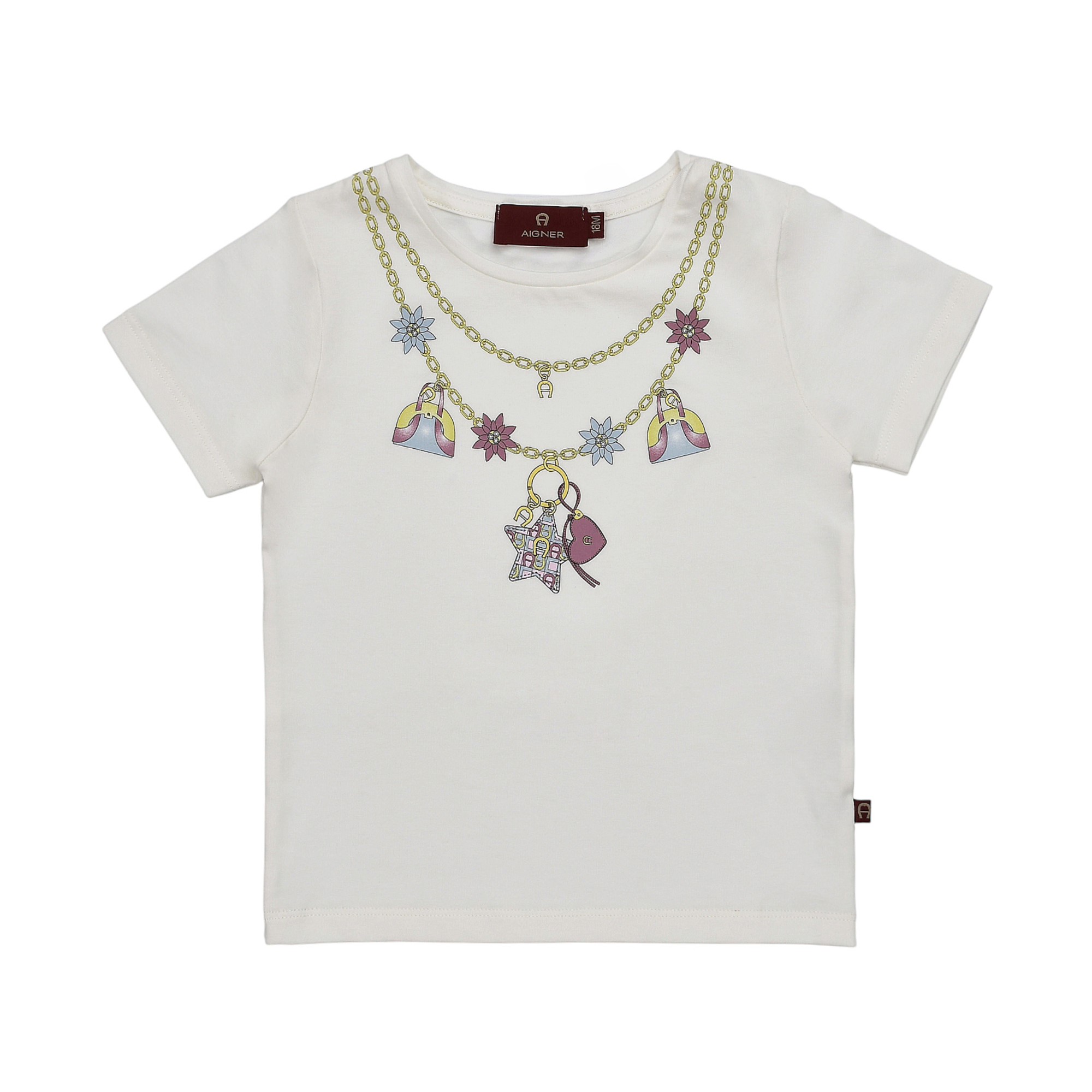 Beige short-sleeved t-shirt with a graphic print of a gold-toned chain necklace adorned with colourful flowers and charms.