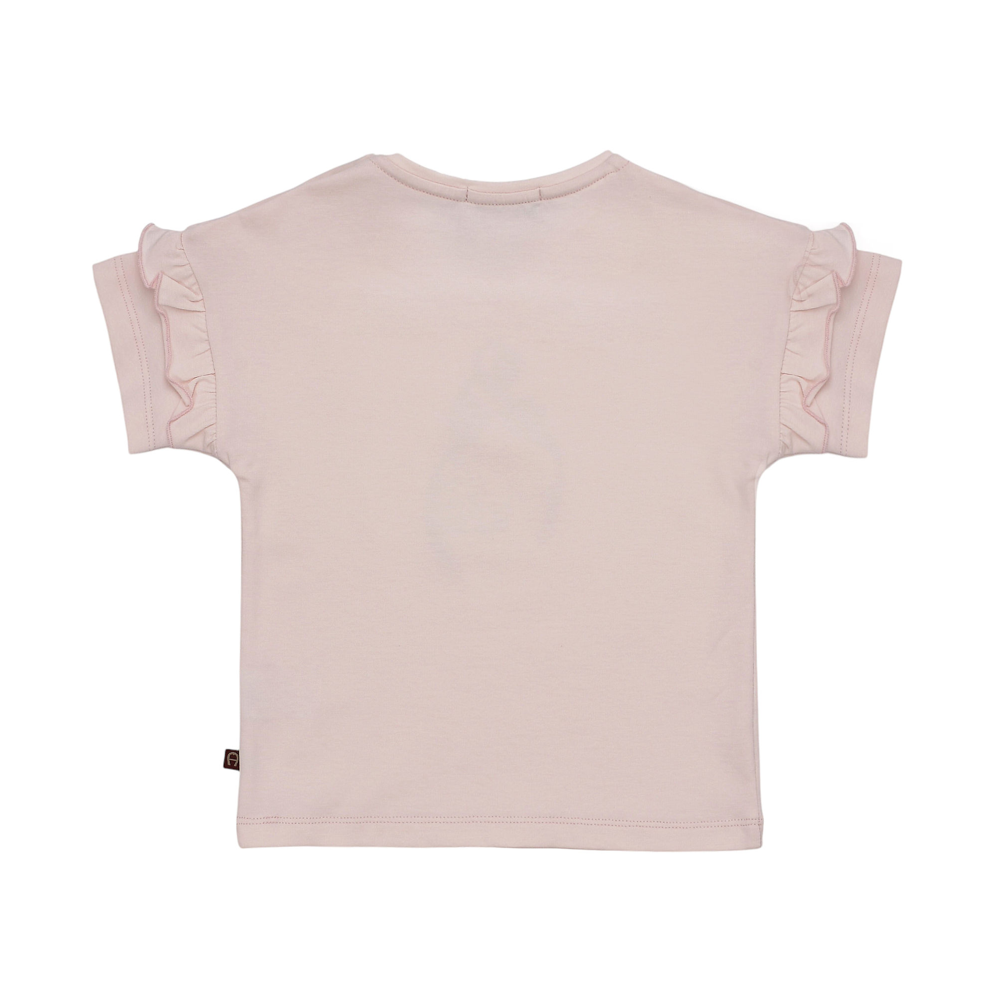 Back of a light pink t-shirt with short ruffled sleeves and a crew neck. Small dark brown logo tag on the bottom left hem.