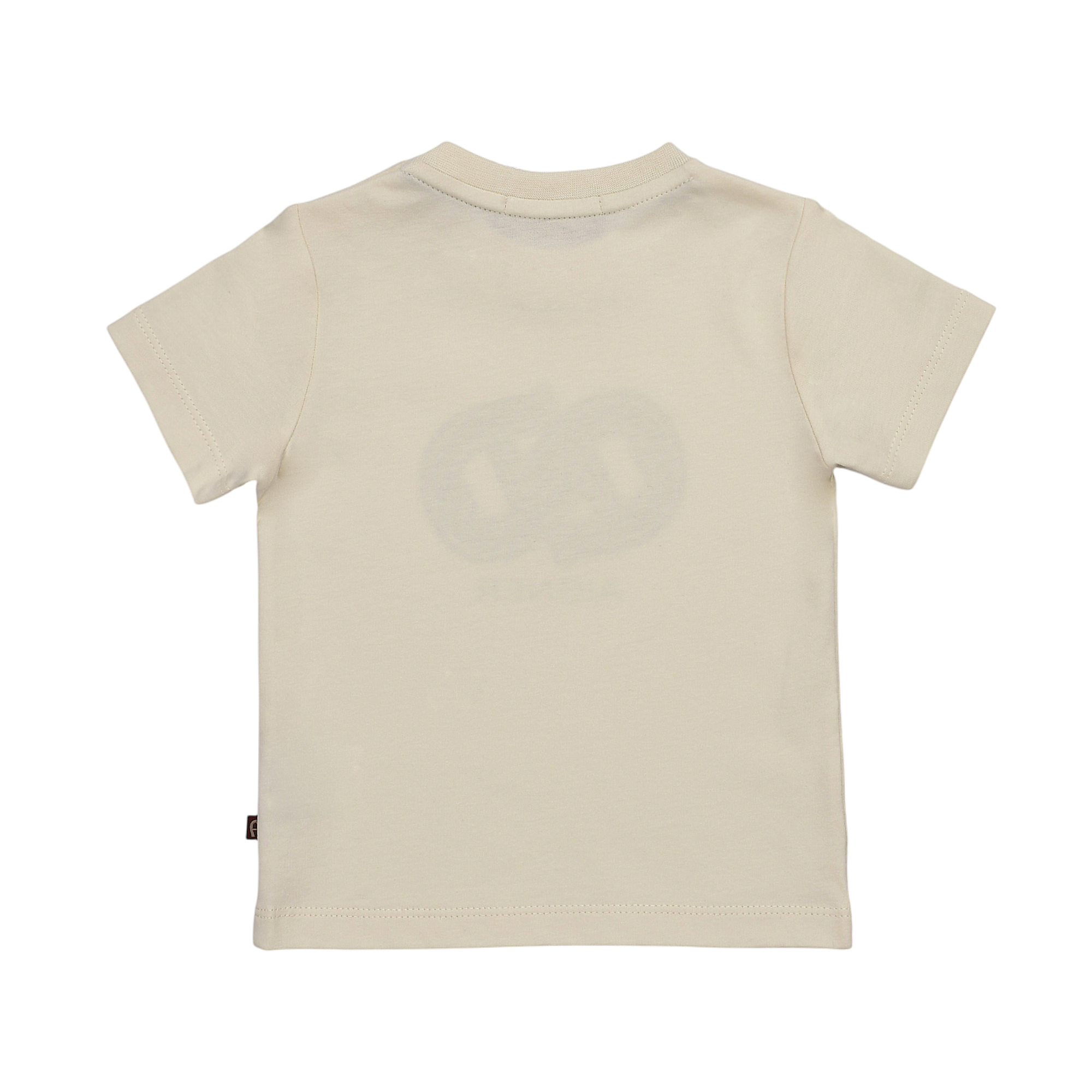 Back view of a beige short-sleeved t-shirt with a crew neck and a subtle dark graphic print of two interlocking shapes.