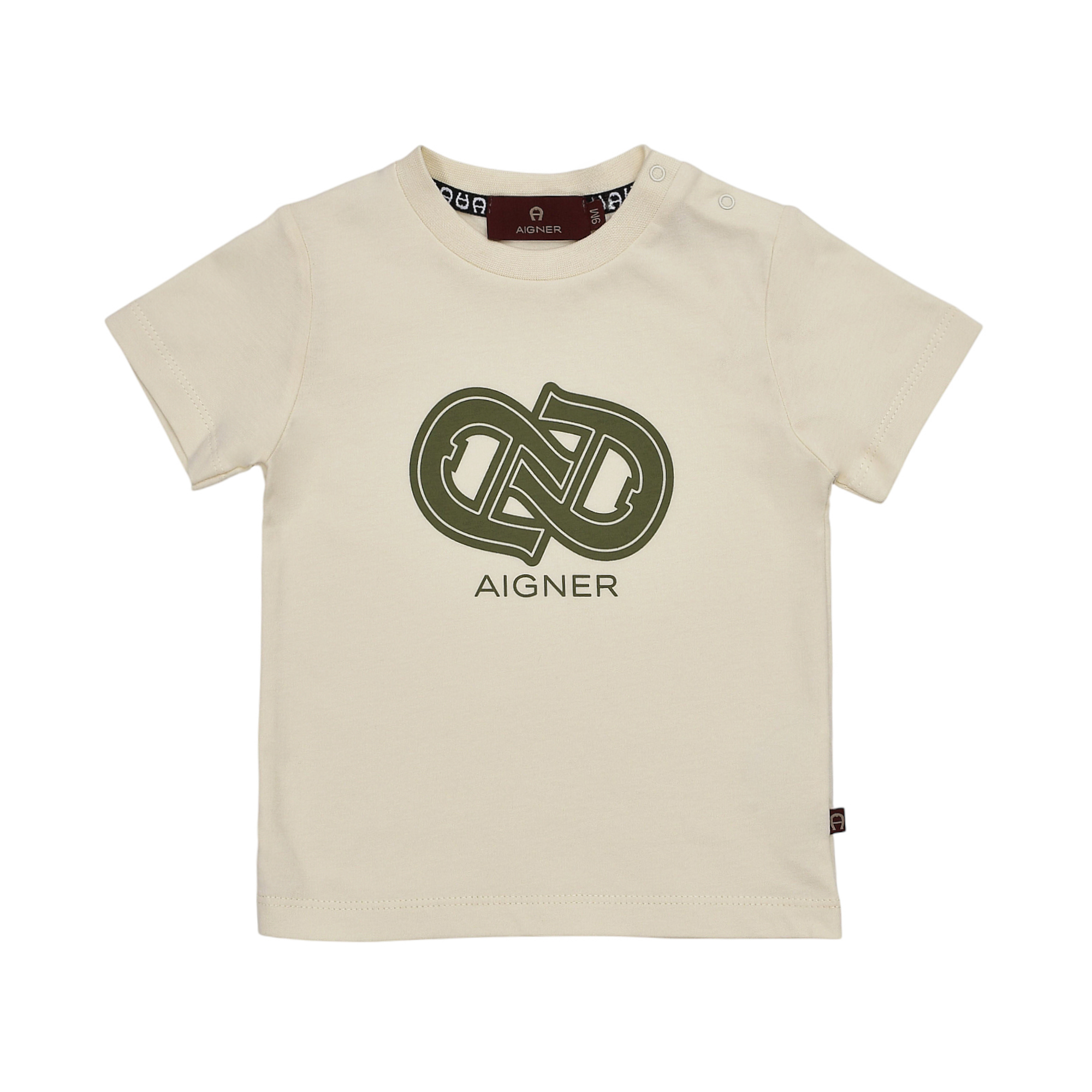 Beige short-sleeved baby t-shirt with a dark olive green Aigner logo graphic on the front and snap buttons on the left should