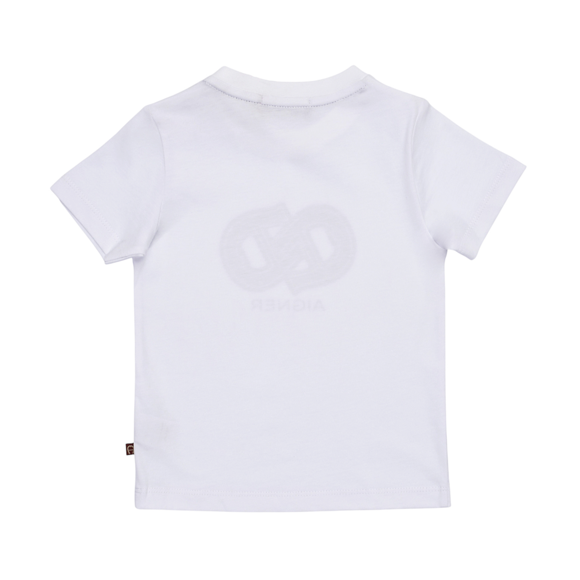 White short-sleeved T-shirt, back view. Faint light purple graphic of two interlocking 'D's and reversed 'VIGNER' text. Small
